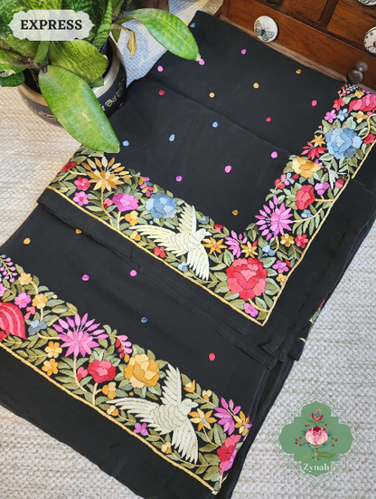 Zynah Made to Order Black Pure Crepe Silk Hand Embroidered Parsi Gara Saree, Authentic Vintage Art, Heirloom Piece; Custom Stitched/Ready-made Blouse, Fall, Petticoat; SKU: 2302202307