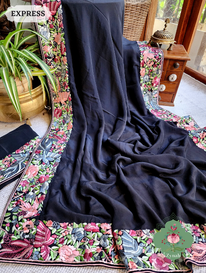 Zynah Made to Order Black Pure Crepe Silk Hand Embroidered Parsi Gara Saree, Authentic Vintage Art, Heirloom Piece; Custom Stitched/Ready-made Blouse, Fall, Petticoat; SKU: 2302202304