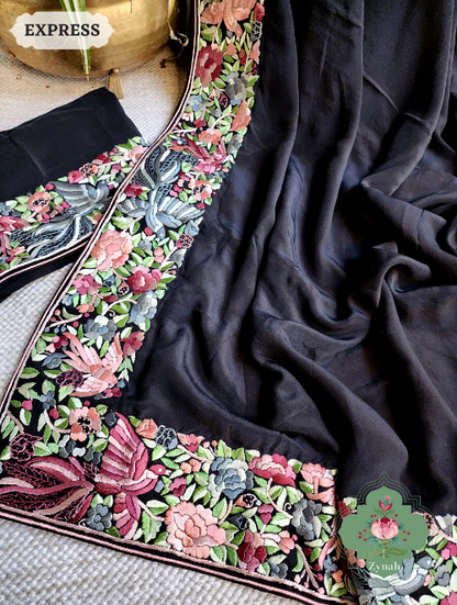 Zynah Made to Order Black Pure Crepe Silk Hand Embroidered Parsi Gara Saree, Authentic Vintage Art, Heirloom Piece; Custom Stitched/Ready-made Blouse, Fall, Petticoat; SKU: 2302202304