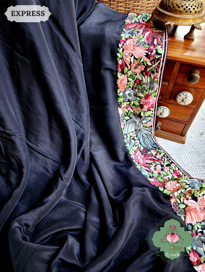 Zynah Made to Order Black Pure Crepe Silk Hand Embroidered Parsi Gara Saree, Authentic Vintage Art, Heirloom Piece; Custom Stitched/Ready-made Blouse, Fall, Petticoat; SKU: 2302202304