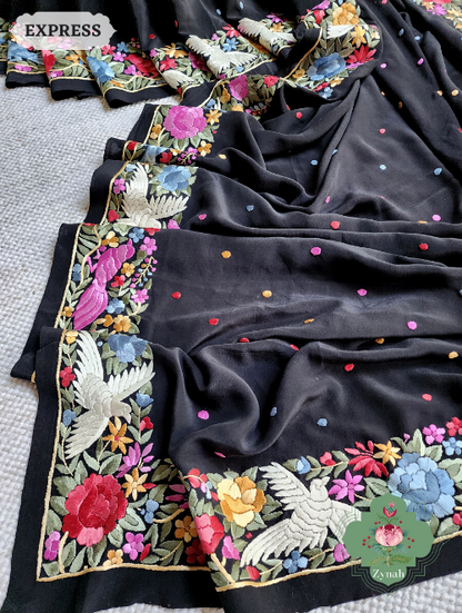 Zynah Made to Order Black Pure Crepe Silk Hand Embroidered Parsi Gara Saree, Authentic Vintage Art, Heirloom Piece; Custom Stitched/Ready-made Blouse, Fall, Petticoat; SKU: 2302202307