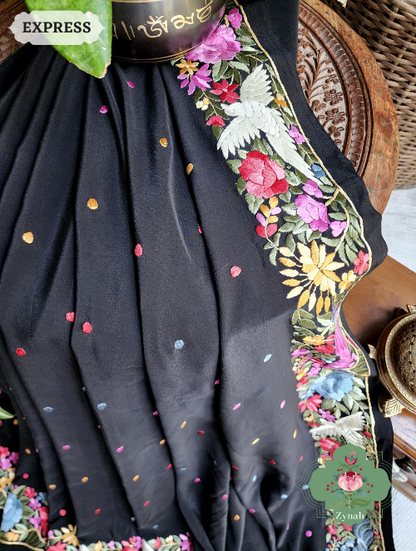 Zynah Made to Order Black Pure Crepe Silk Hand Embroidered Parsi Gara Saree, Authentic Vintage Art, Heirloom Piece; Custom Stitched/Ready-made Blouse, Fall, Petticoat; SKU: 2302202307
