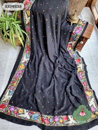 Zynah Made to Order Black Pure Crepe Silk Hand Embroidered Parsi Gara Saree, Authentic Vintage Art, Heirloom Piece; Custom Stitched/Ready-made Blouse, Fall, Petticoat; SKU: 2302202307