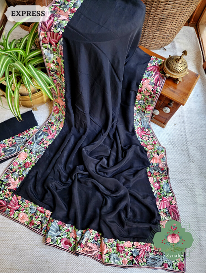 Zynah Made to Order Black Pure Crepe Silk Hand Embroidered Parsi Gara Saree, Authentic Vintage Art, Heirloom Piece; Custom Stitched/Ready-made Blouse, Fall, Petticoat; SKU: 2302202304