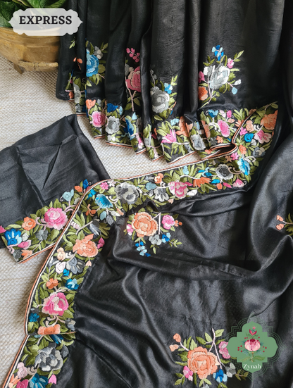 Black Tussar Silk Parsi Gara Hand Embroidered Saree with intricate embroidery showcasing the iconic Parsi Gara work.