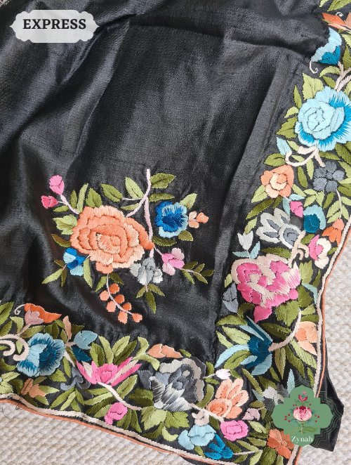 Zynah Made To Order Black Pure Tussar Silk Parsi Gara Hand Embroidered Saree; Custom Stitched/Ready-made Blouse, Fall, Petticoat; SKU: 0404202302