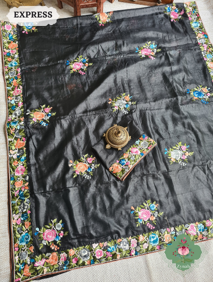 Zynah Made To Order Black Pure Tussar Silk Parsi Gara Hand Embroidered Saree; Custom Stitched/Ready-made Blouse, Fall, Petticoat; SKU: 0404202302