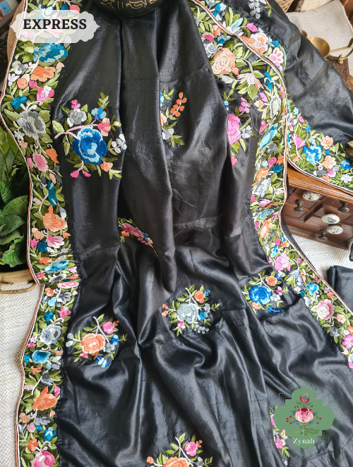 Zynah Made To Order Black Pure Tussar Silk Parsi Gara Hand Embroidered Saree; Custom Stitched/Ready-made Blouse, Fall, Petticoat; SKU: 0404202302