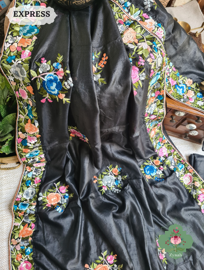 Zynah Made To Order Black Pure Tussar Silk Parsi Gara Hand Embroidered Saree; Custom Stitched/Ready-made Blouse, Fall, Petticoat; SKU: 0404202302