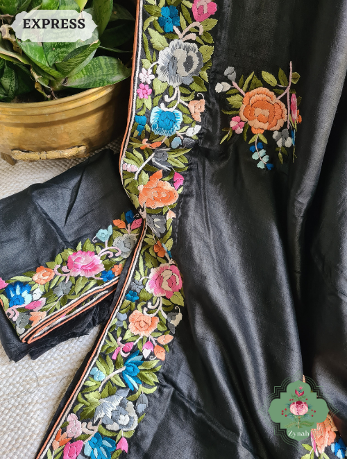 Zynah Made To Order Black Pure Tussar Silk Parsi Gara Hand Embroidered Saree; Custom Stitched/Ready-made Blouse, Fall, Petticoat; SKU: 0404202302