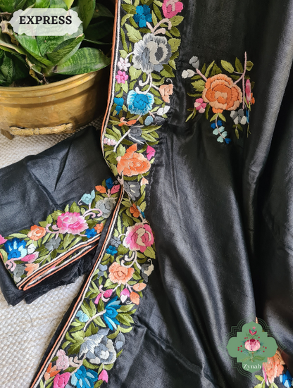 Zynah Made To Order Black Pure Tussar Silk Parsi Gara Hand Embroidered Saree; Custom Stitched/Ready-made Blouse, Fall, Petticoat; SKU: 0404202302