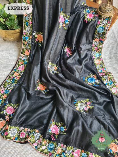 Zynah Made To Order Black Pure Tussar Silk Parsi Gara Hand Embroidered Saree; Custom Stitched/Ready-made Blouse, Fall, Petticoat; SKU: 0404202302