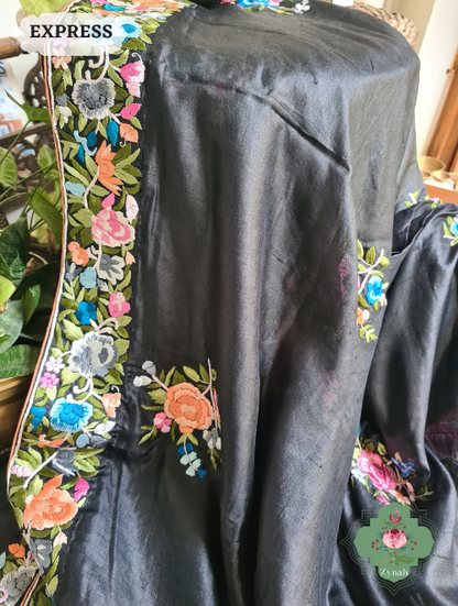 Zynah Made To Order Black Pure Tussar Silk Parsi Gara Hand Embroidered Saree; Custom Stitched/Ready-made Blouse, Fall, Petticoat; SKU: 0404202302