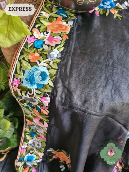 Zynah Made To Order Black Pure Tussar Silk Parsi Gara Hand Embroidered Saree; Custom Stitched/Ready-made Blouse, Fall, Petticoat; SKU: 0404202302