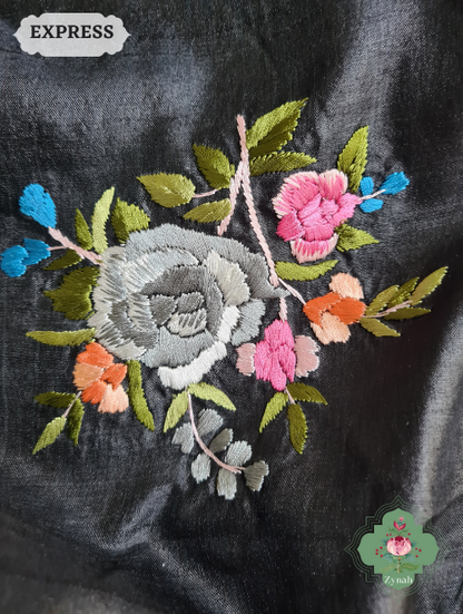 Zynah Made To Order Black Pure Tussar Silk Parsi Gara Hand Embroidered Saree; Custom Stitched/Ready-made Blouse, Fall, Petticoat; SKU: 0404202302