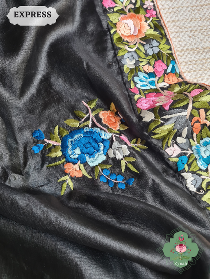 Zynah Made To Order Black Pure Tussar Silk Parsi Gara Hand Embroidered Saree; Custom Stitched/Ready-made Blouse, Fall, Petticoat; SKU: 0404202302