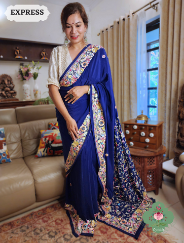 Zynah Made to Order Navy Blue Pure Crepe Silk Hand Embroidered Parsi Gara Saree, Authentic Vintage Art, Heirloom Piece; Custom Stitched/Ready-made Blouse, Fall, Petticoat; SKU: 2302202305