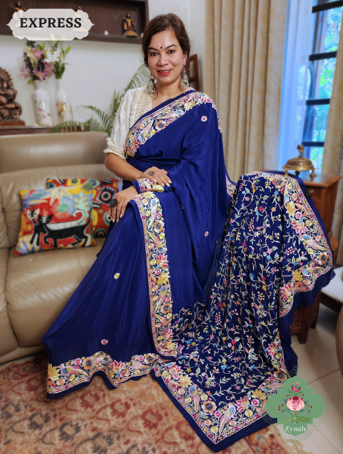 Zynah Made to Order Navy Blue Pure Crepe Silk Hand Embroidered Parsi Gara Saree, Authentic Vintage Art, Heirloom Piece; Custom Stitched/Ready-made Blouse, Fall, Petticoat; SKU: 2302202305