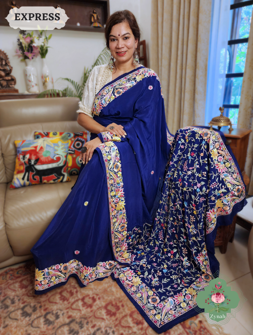 Zynah Navy Blue Pure Crepe Silk Hand Embroidered Parsi Gara Saree, Authentic Vintage Art, Heirloom Piece; Custom Stitched/Ready-made Blouse, Fall, Petticoat; SKU: 2302202305