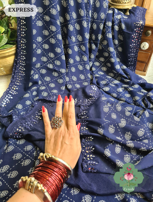 Zynah Blue Wrinkle Crepe Silk Saree with Bandhani Inspired Prints & Mirror Work Scalloped Borders; Custom Stitched/Ready-made Blouse, Fall, Petticoat; SKU: 0202202301