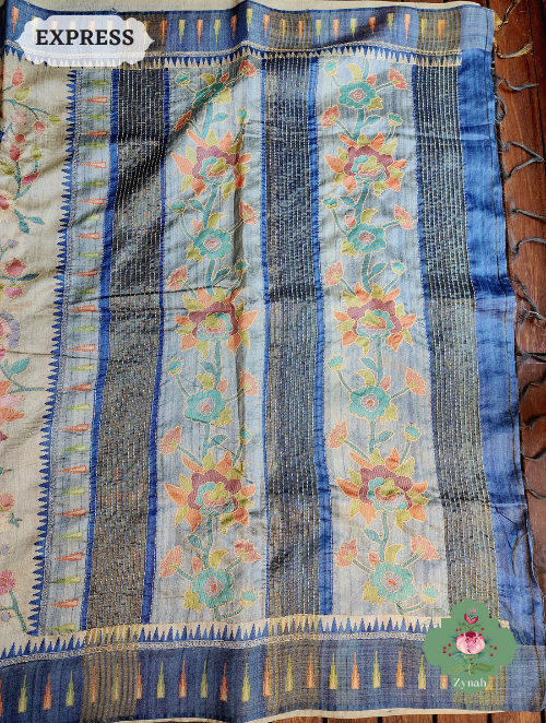 Zynah Beige/Blue Jute Linen Saree With Kantha Work; Custom Stitched/Ready-made Blouse, Fall, Petticoat; SKU: 1104202301