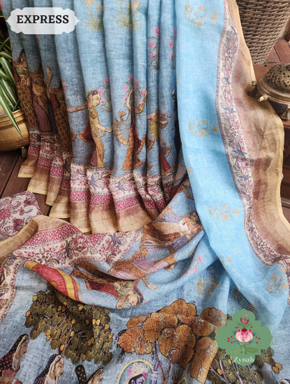 Zynah Blue Organic Linen Saree With Pichwai Print & Zari Border; Custom Stitched/Ready-made Blouse, Fall, Petticoat; SKU: 0903202302