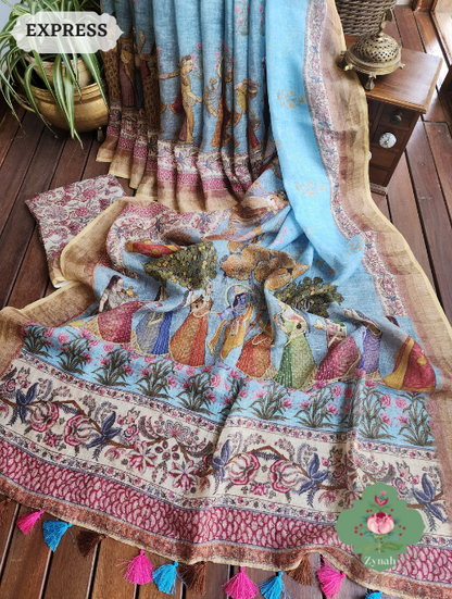 Zynah Blue Organic Linen Saree With Pichwai Print & Zari Border; Custom Stitched/Ready-made Blouse, Fall, Petticoat; SKU: 0903202302