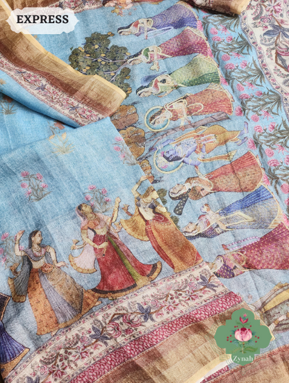 Zynah Blue Organic Linen Saree With Pichwai Print & Zari Border; Custom Stitched/Ready-made Blouse, Fall, Petticoat; SKU: 0903202302