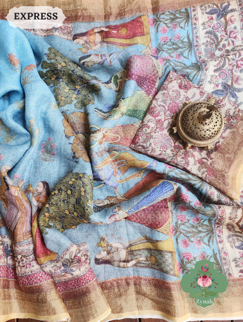 Zynah Blue Organic Linen Saree With Pichwai Print & Zari Border; Custom Stitched/Ready-made Blouse, Fall, Petticoat; SKU: 0903202302