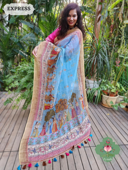 Zynah Blue Organic Linen Saree With Pichwai Print & Zari Border; Custom Stitched/Ready-made Blouse, Fall, Petticoat; SKU: 0903202302