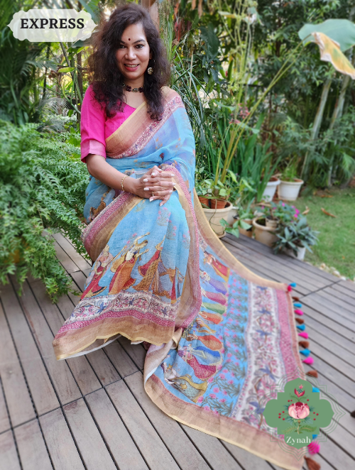 Zynah Blue Organic Linen Saree With Pichwai Print & Zari Border; Custom Stitched/Ready-made Blouse, Fall, Petticoat; SKU: 0903202302