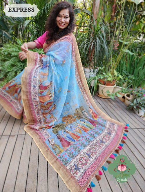 Zynah Blue Organic Linen Saree With Pichwai Print & Zari Border; Custom Stitched/Ready-made Blouse, Fall, Petticoat; SKU: 0903202302