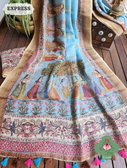 Zynah Blue Organic Linen Saree With Pichwai Print & Zari Border; Custom Stitched/Ready-made Blouse, Fall, Petticoat; SKU: 0903202302