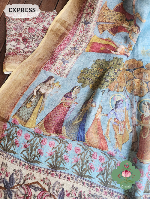 Zynah Blue Organic Linen Saree With Pichwai Print & Zari Border; Custom Stitched/Ready-made Blouse, Fall, Petticoat; SKU: 0903202302