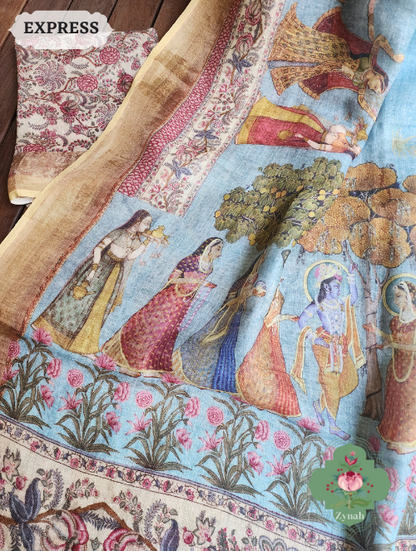 Zynah Blue Organic Linen Saree With Pichwai Print & Zari Border; Custom Stitched/Ready-made Blouse, Fall, Petticoat; SKU: 0903202302
