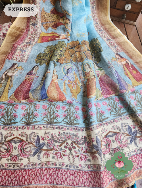 Zynah Blue Organic Linen Saree With Pichwai Print & Zari Border; Custom Stitched/Ready-made Blouse, Fall, Petticoat; SKU: 0903202302