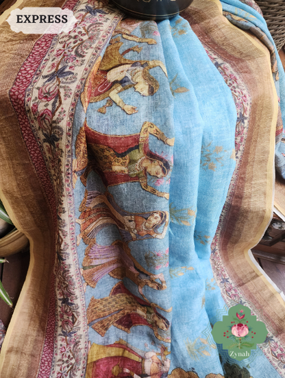 Zynah Blue Organic Linen Saree With Pichwai Print & Zari Border; Custom Stitched/Ready-made Blouse, Fall, Petticoat; SKU: 0903202302