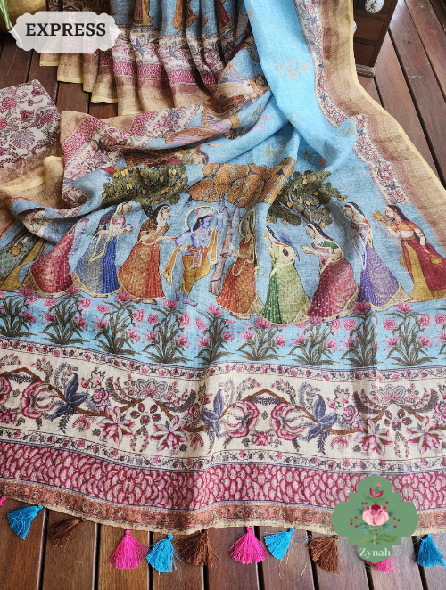 Zynah Blue Organic Linen Saree With Pichwai Print & Zari Border; Custom Stitched/Ready-made Blouse, Fall, Petticoat; SKU: 0903202302