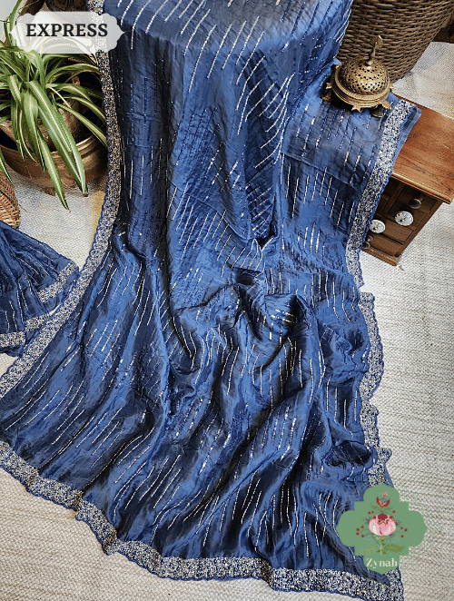 Zynah Blue Satin Organza Silk Saree With Cutdana, Sequins & Pearl Work ; Custom Stitched/Ready-made Blouse, Fall, Petticoat; SKU: 0703202301