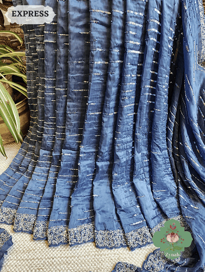 Zynah Blue Satin Organza Silk Saree With Cutdana, Sequins & Pearl Work ; Custom Stitched/Ready-made Blouse, Fall, Petticoat; SKU: 0703202301