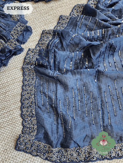 Zynah Blue Satin Organza Silk Saree With Cutdana, Sequins & Pearl Work ; Custom Stitched/Ready-made Blouse, Fall, Petticoat; SKU: 0703202301
