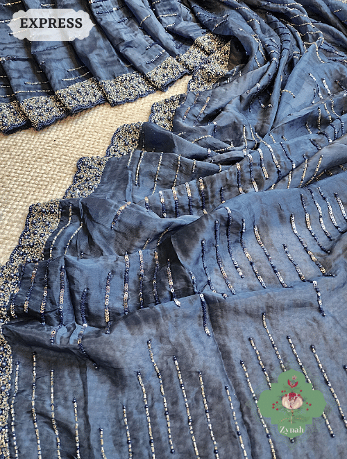 Zynah Blue Satin Organza Silk Saree With Cutdana, Sequins & Pearl Work ; Custom Stitched/Ready-made Blouse, Fall, Petticoat; SKU: 0703202301