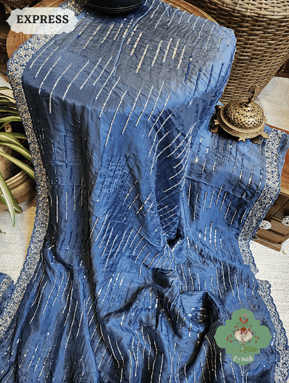 Zynah Blue Satin Organza Silk Saree With Cutdana, Sequins & Pearl Work ; Custom Stitched/Ready-made Blouse, Fall, Petticoat; SKU: 0703202301