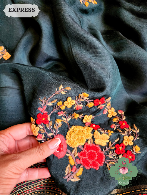 Zynah Bottle Green Munga Silk Saree With Zari Borders And Frenchknot & Kantha Embroidery; Custom Stitched/Ready-made Blouse, Fall, Petticoat; SKU: 1804202302
