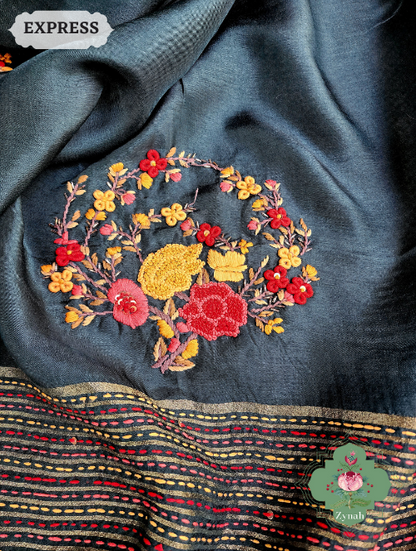 Zynah Bottle Green Munga Silk Saree With Zari Borders And Frenchknot & Kantha Embroidery; Custom Stitched/Ready-made Blouse, Fall, Petticoat; SKU: 1804202302