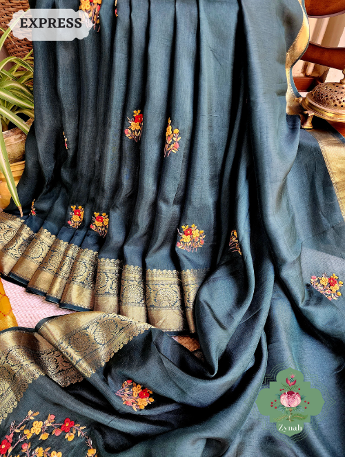 Zynah Bottle Green Munga Silk Saree With Zari Borders And Frenchknot & Kantha Embroidery; Custom Stitched/Ready-made Blouse, Fall, Petticoat; SKU: 1804202302