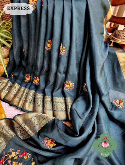 Zynah Bottle Green Munga Silk Saree With Zari Borders And Frenchknot & Kantha Embroidery; Custom Stitched/Ready-made Blouse, Fall, Petticoat; SKU: 1804202302