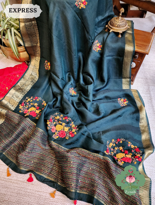Zynah Bottle Green Munga Silk Saree With Zari Borders And Frenchknot & Kantha Embroidery; Custom Stitched/Ready-made Blouse, Fall, Petticoat; SKU: 1804202302