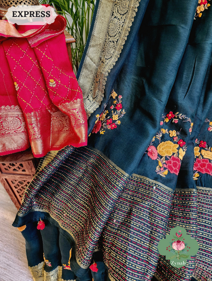Zynah Bottle Green Munga Silk Saree With Zari Borders And Frenchknot & Kantha Embroidery; Custom Stitched/Ready-made Blouse, Fall, Petticoat; SKU: 1804202302