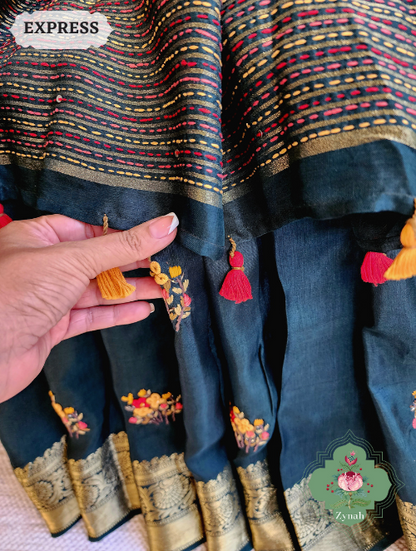 Zynah Bottle Green Munga Silk Saree With Zari Borders And Frenchknot & Kantha Embroidery; Custom Stitched/Ready-made Blouse, Fall, Petticoat; SKU: 1804202302
